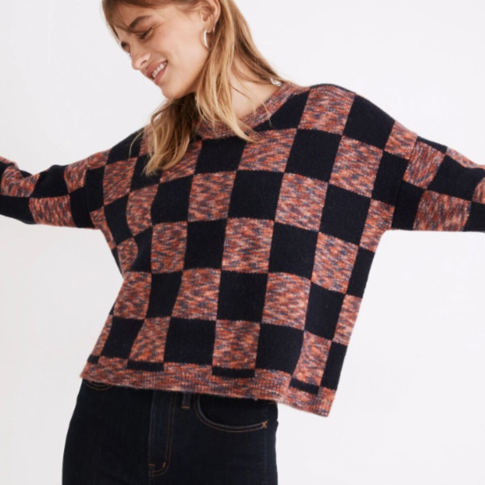 Madewell Checkered Pullover Sweater in Heather Blueberry (XS)
